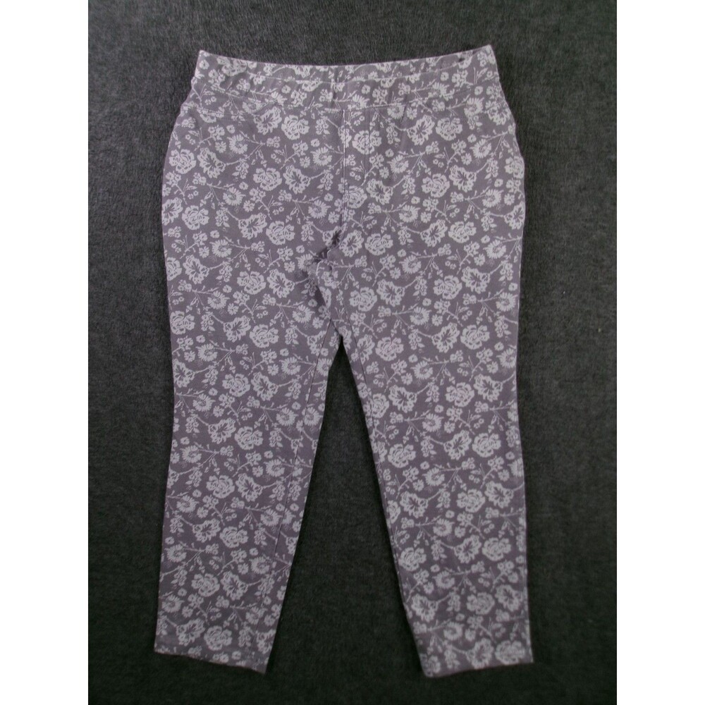 Floral Print Pants Womens L Gray White Stretch Cotton Blend Tapered Ankle